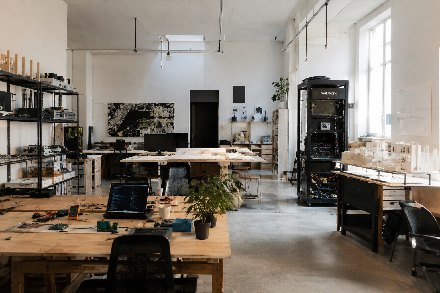 The real.work studio in Langenfeld, with workbenches, prototypes and equipment